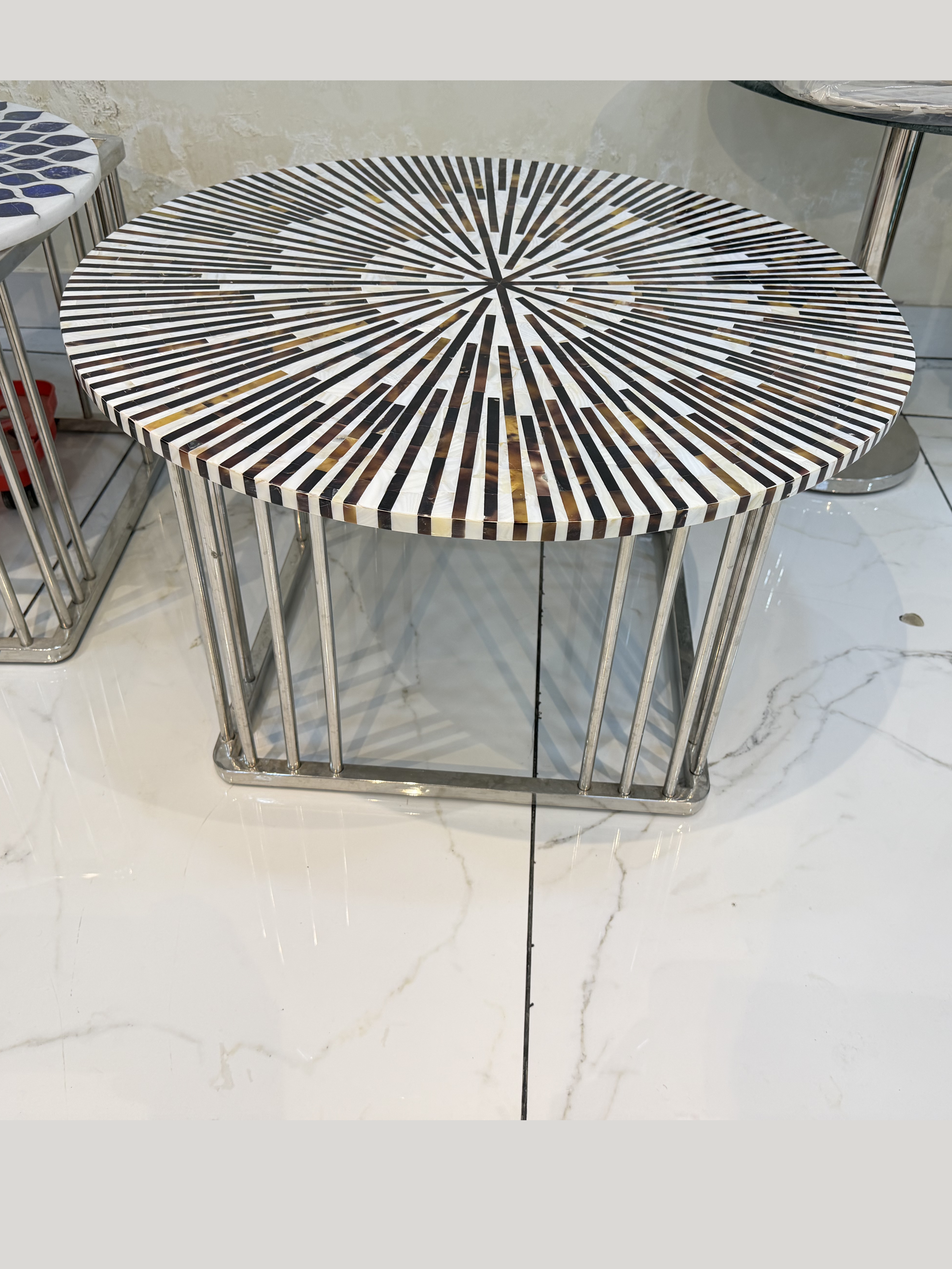 Black & White Bone Inlay Sunburst Coffee Table with Metal Base