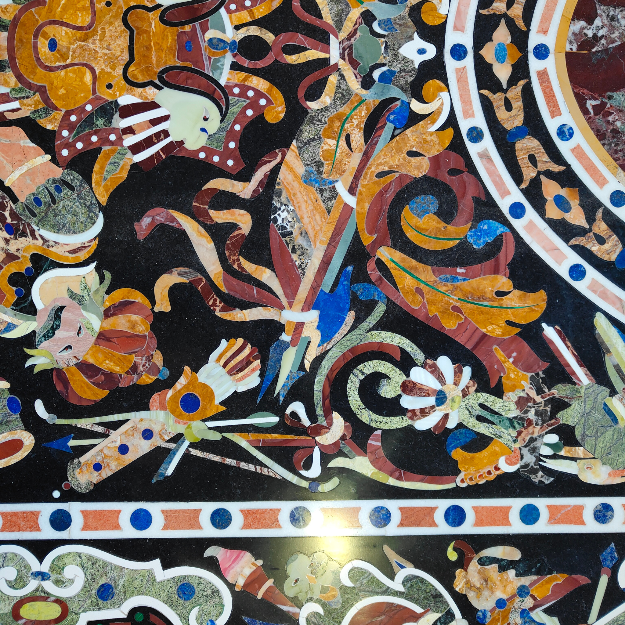 Handcrafted black marble surface Dining table with Pietra Dura stone inlay