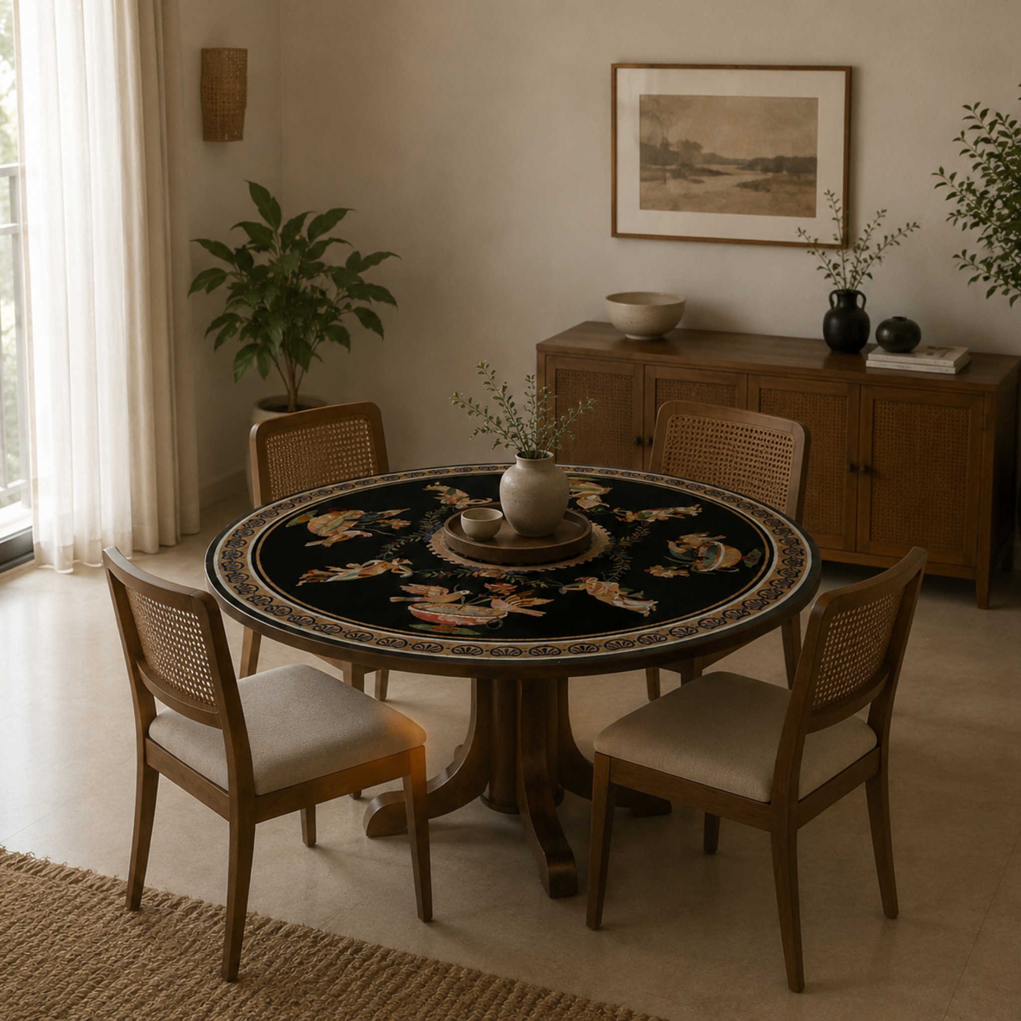 4-Seater Round Dining Table with walnut-finished teakwood base