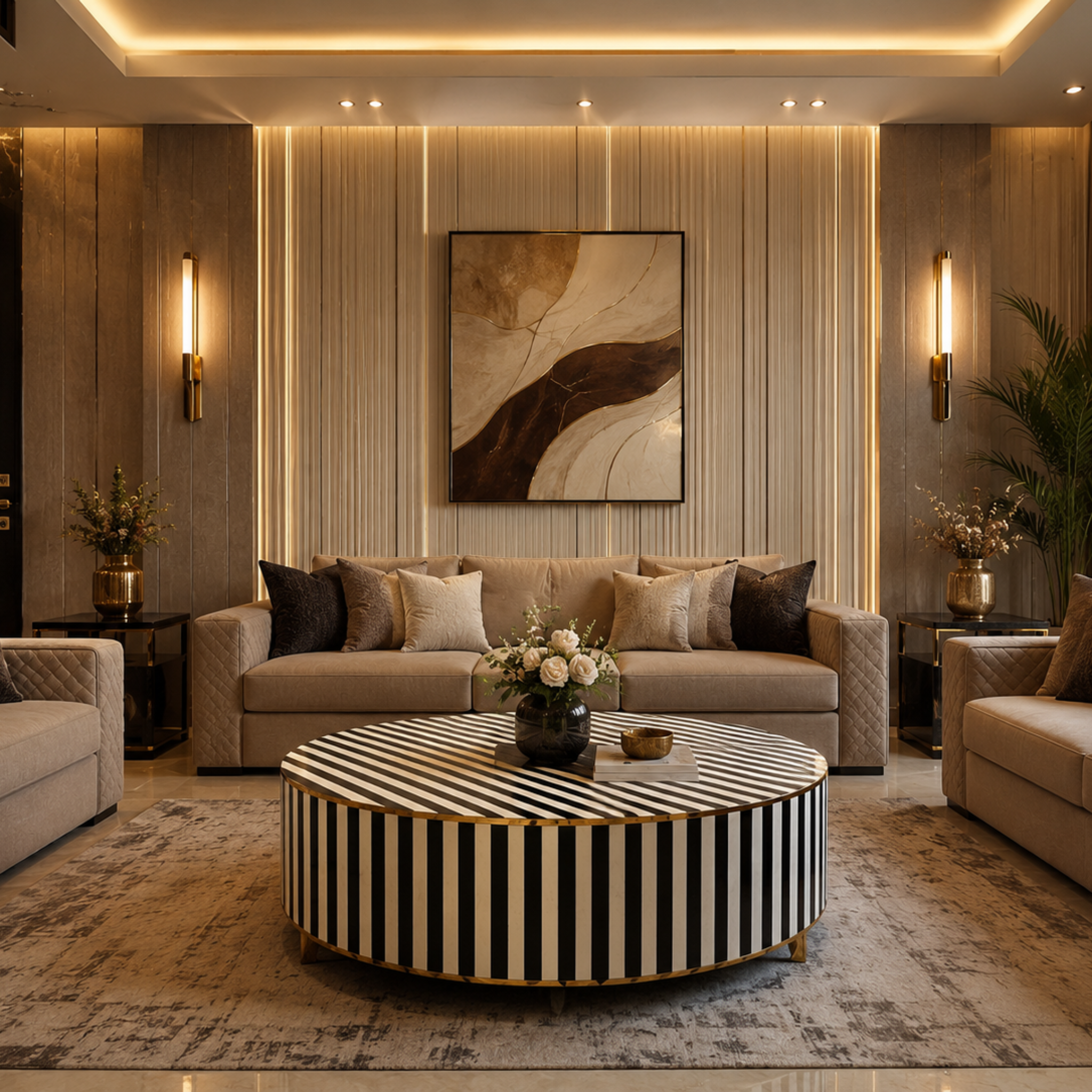 Bone Inlay coffee table with a striking black and white striped pattern and gold legs.