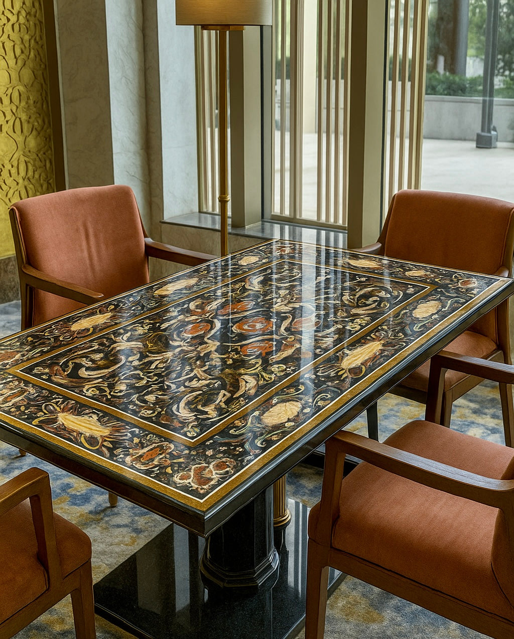 Handcrafted black marble dining table with floral pietra dura inlay work