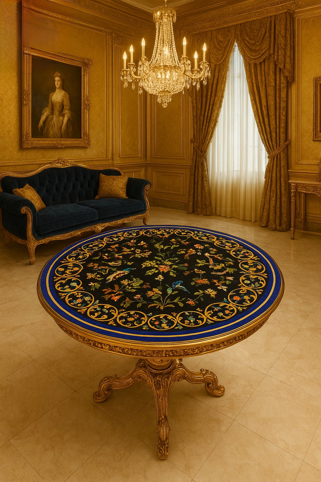 Handcrafted luxurious round dining table with Pietra dura inlay work