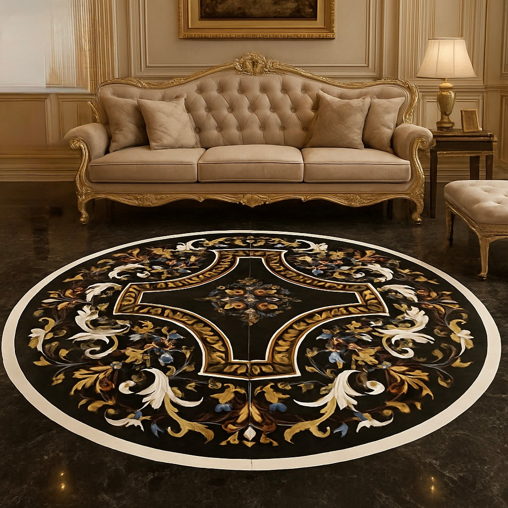 Handcrafted black marble inlay table top with Pietra Dura floral designs