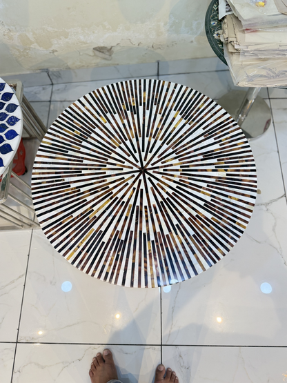Black & White Bone Inlay Sunburst Coffee Table with Metal Base