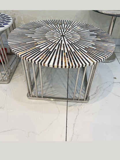 Black & White Bone Inlay Sunburst Coffee Table with Metal Base