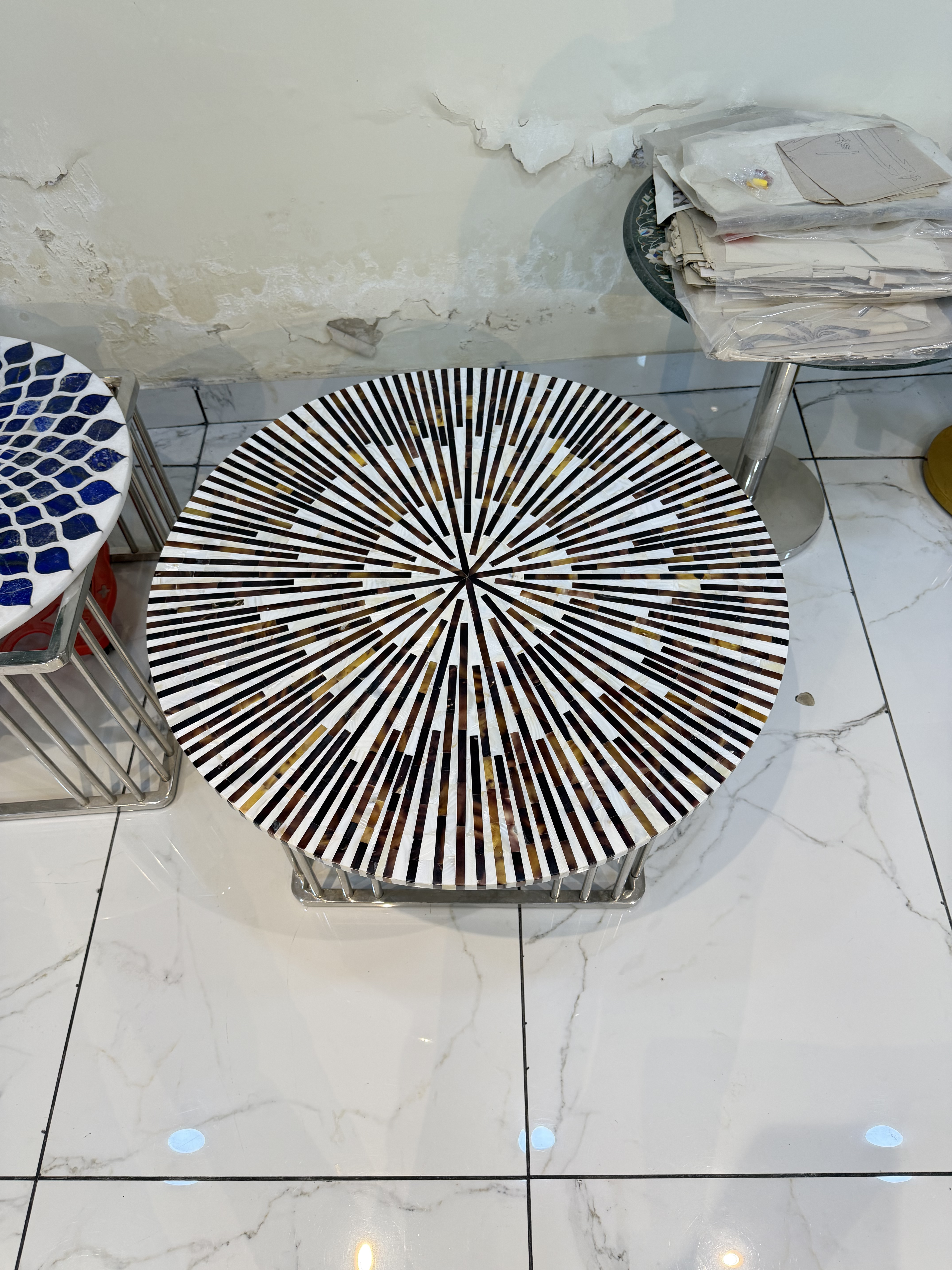 Black & White Bone Inlay Sunburst Coffee Table with Metal Base