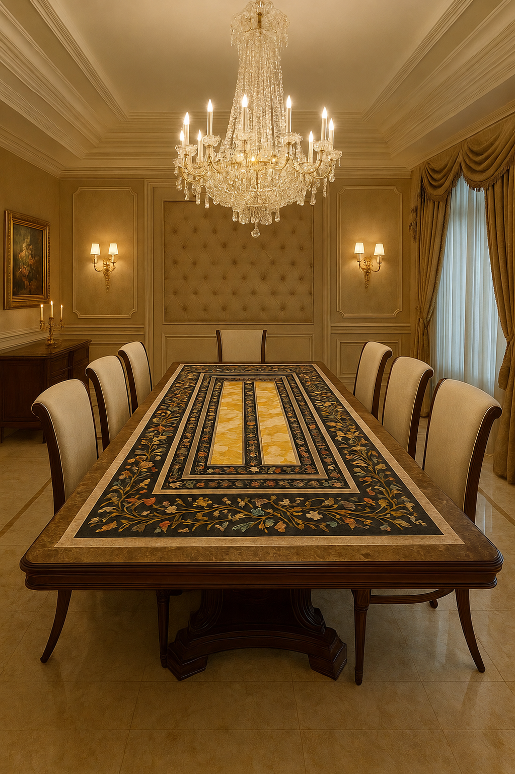 Handcrafted Dining table with Italian marble and pietra dura inlay work