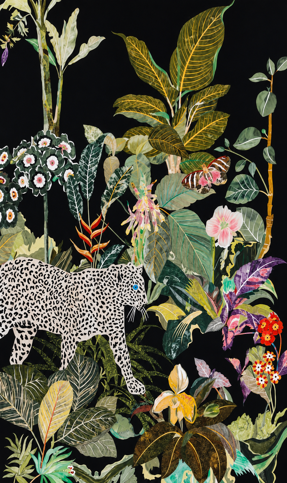 Large botanical wall Panel with leopard walking through vibrant tropical foliage