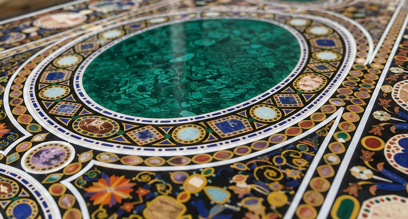 Handcrafted black marble dining table with pietra dura inlay work and geometric motifs