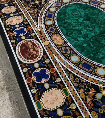 Handcrafted black marble dining table with pietra dura inlay work and geometric motifs