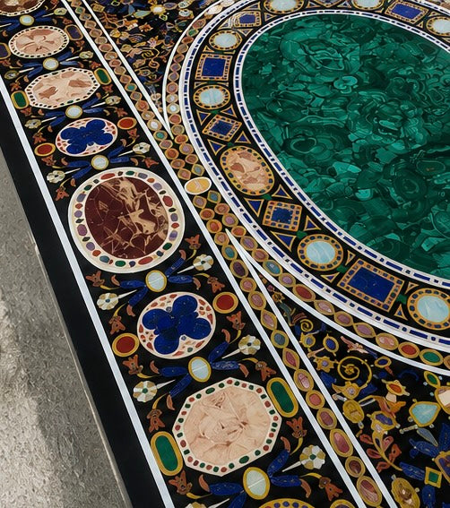 Handcrafted black marble dining table with pietra dura inlay work and geometric motifs