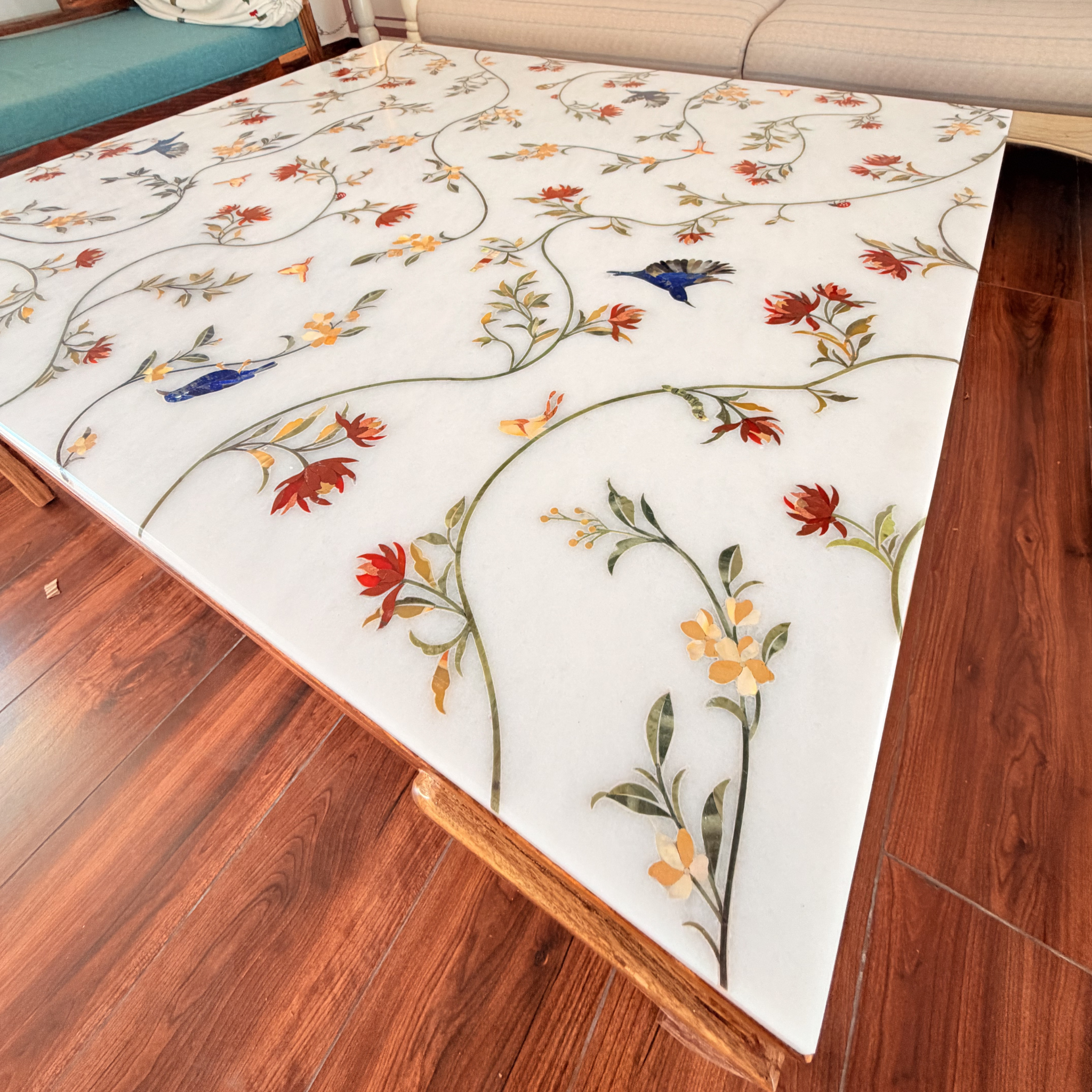 Handcrafted Italian marble Center table Intricate floral gemstone inlay pattern