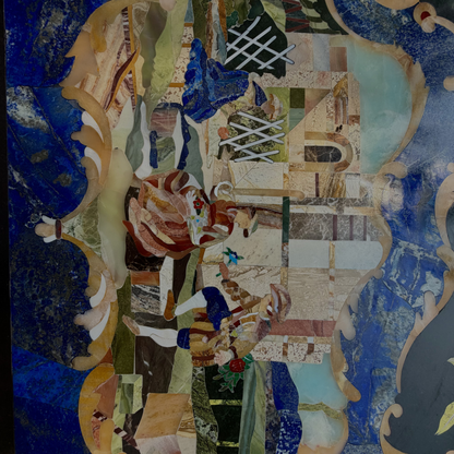 Semi-precious stone inlay table top features intricate pietra dura craftsmanship