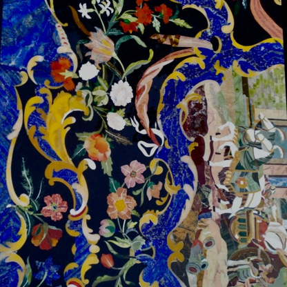 Semi-precious stone inlay table top features intricate pietra dura craftsmanship