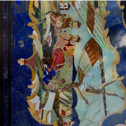 Semi-precious stone inlay table top features intricate pietra dura craftsmanship