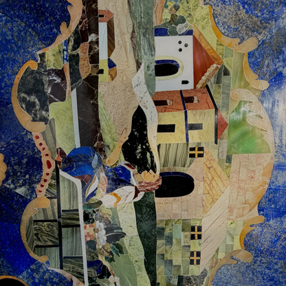 Semi-precious stone inlay table top features intricate pietra dura craftsmanship