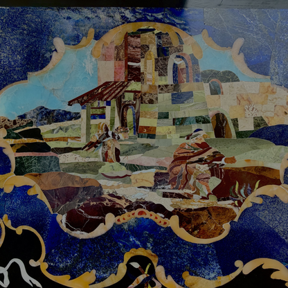 Semi-precious stone inlay table top features intricate pietra dura craftsmanship