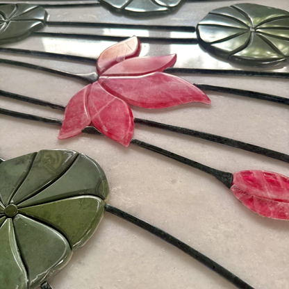 Handcrafted Lotus Marble Inlay wall panel features pink flowers