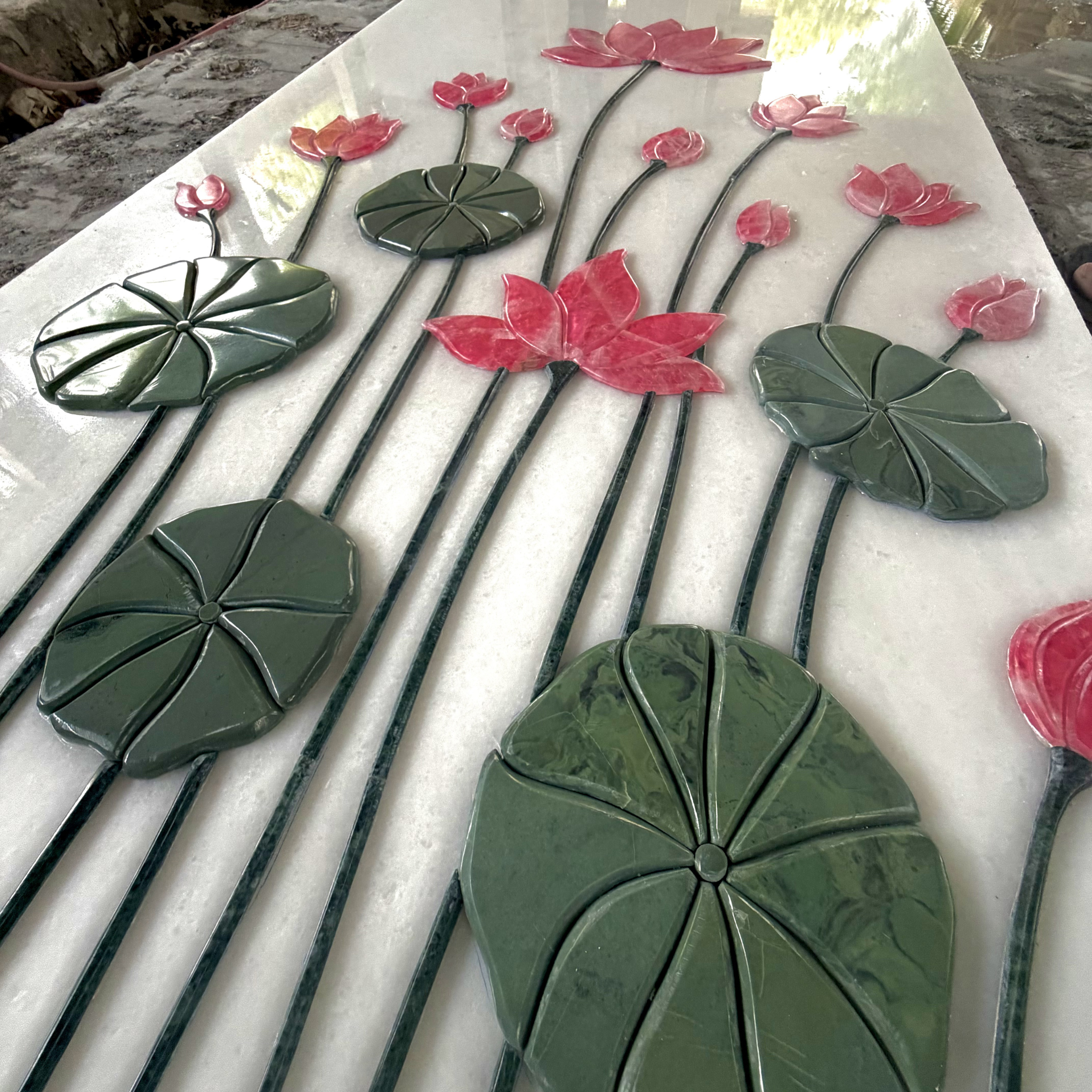 Handcrafted Lotus Marble Inlay wall panel features pink flowers