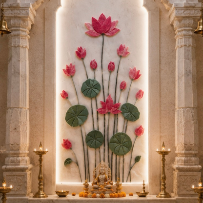 Handcrafted Lotus Marble Inlay wall panel features pink flowers
