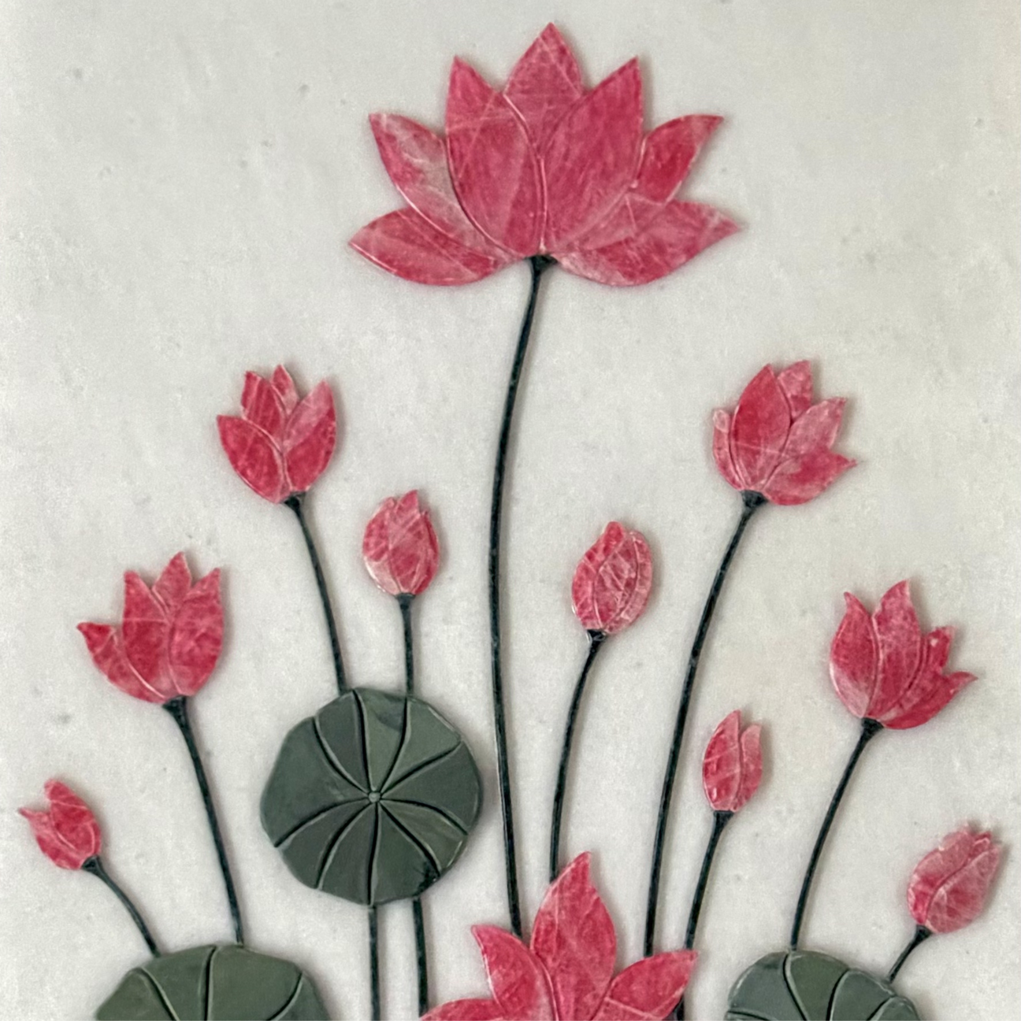 Handcrafted Lotus Marble Inlay wall panel features pink flowers