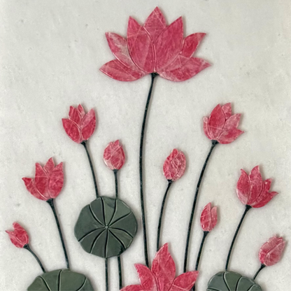 Handcrafted Lotus Marble Inlay wall panel features pink flowers