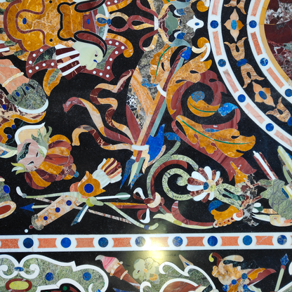 Handcrafted black marble surface Dining table with Pietra Dura stone inlay