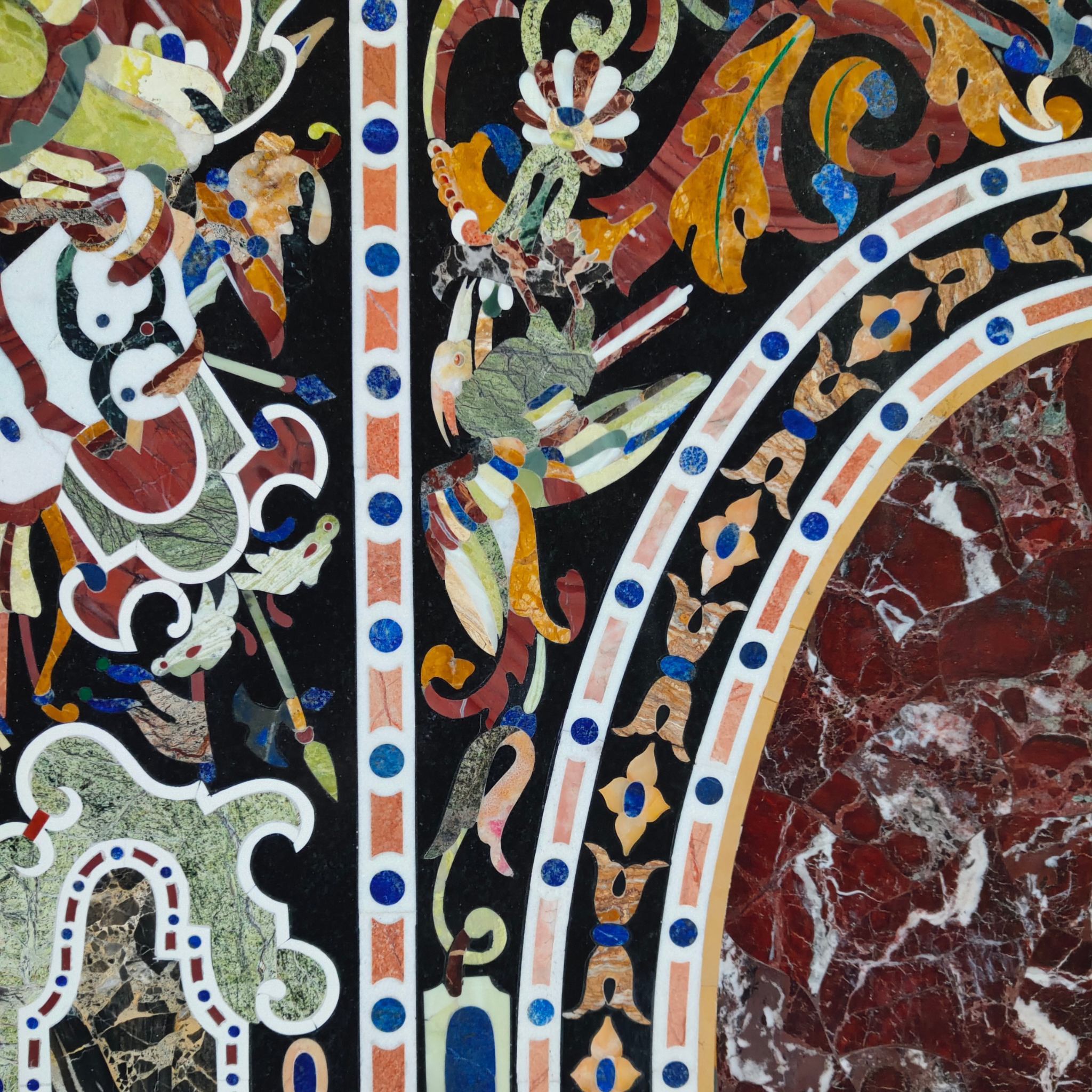 Handcrafted black marble surface Dining table with Pietra Dura stone inlay