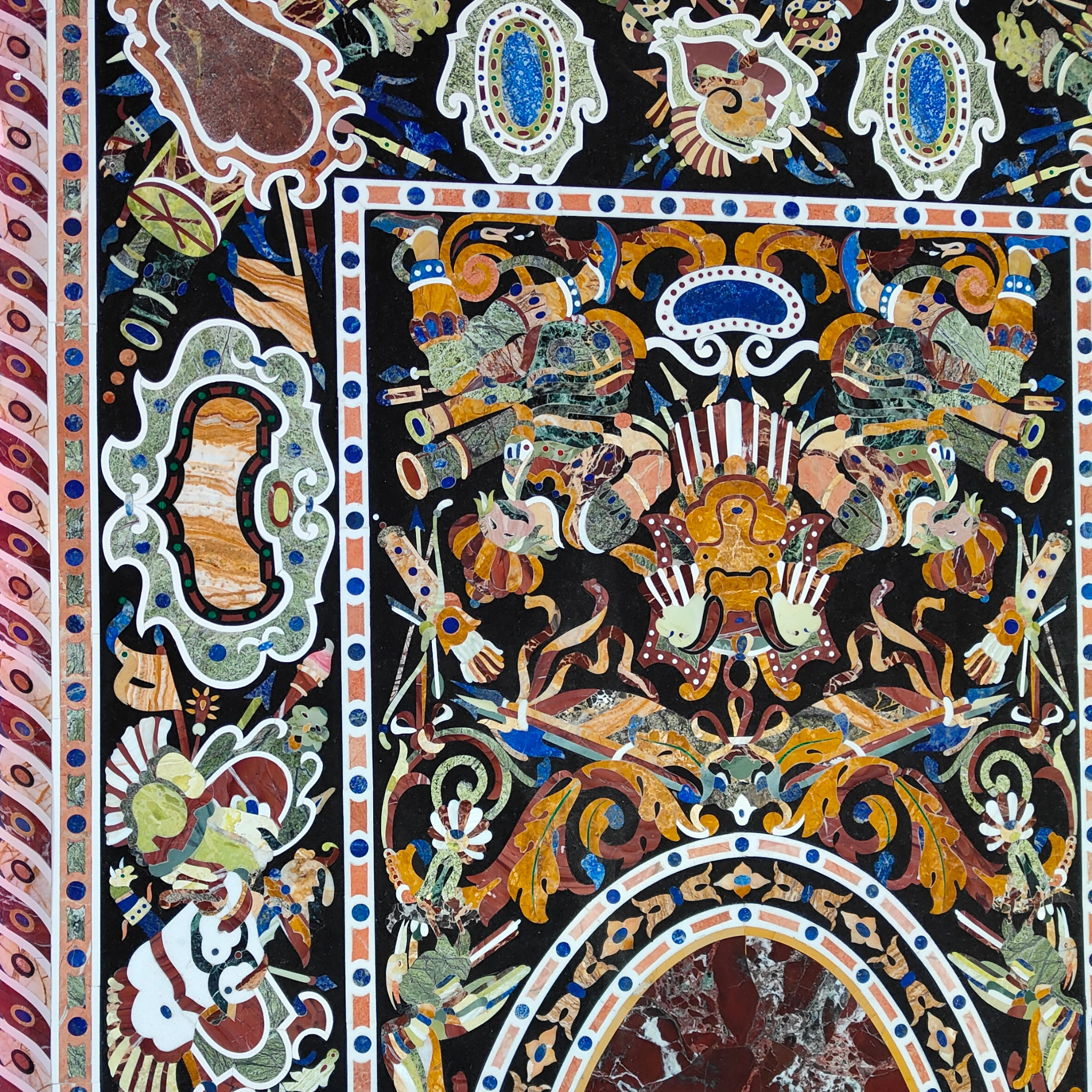 Handcrafted black marble surface Dining table with Pietra Dura stone inlay