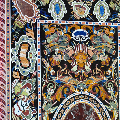 Handcrafted black marble surface Dining table with Pietra Dura stone inlay