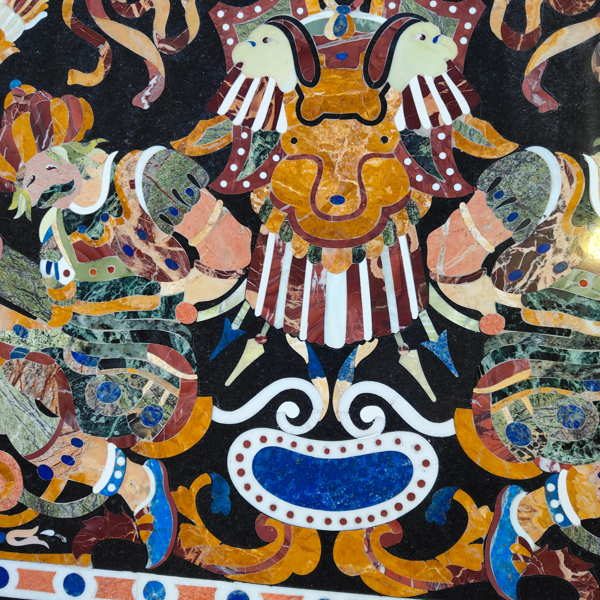 Handcrafted black marble surface Dining table with Pietra Dura stone inlay