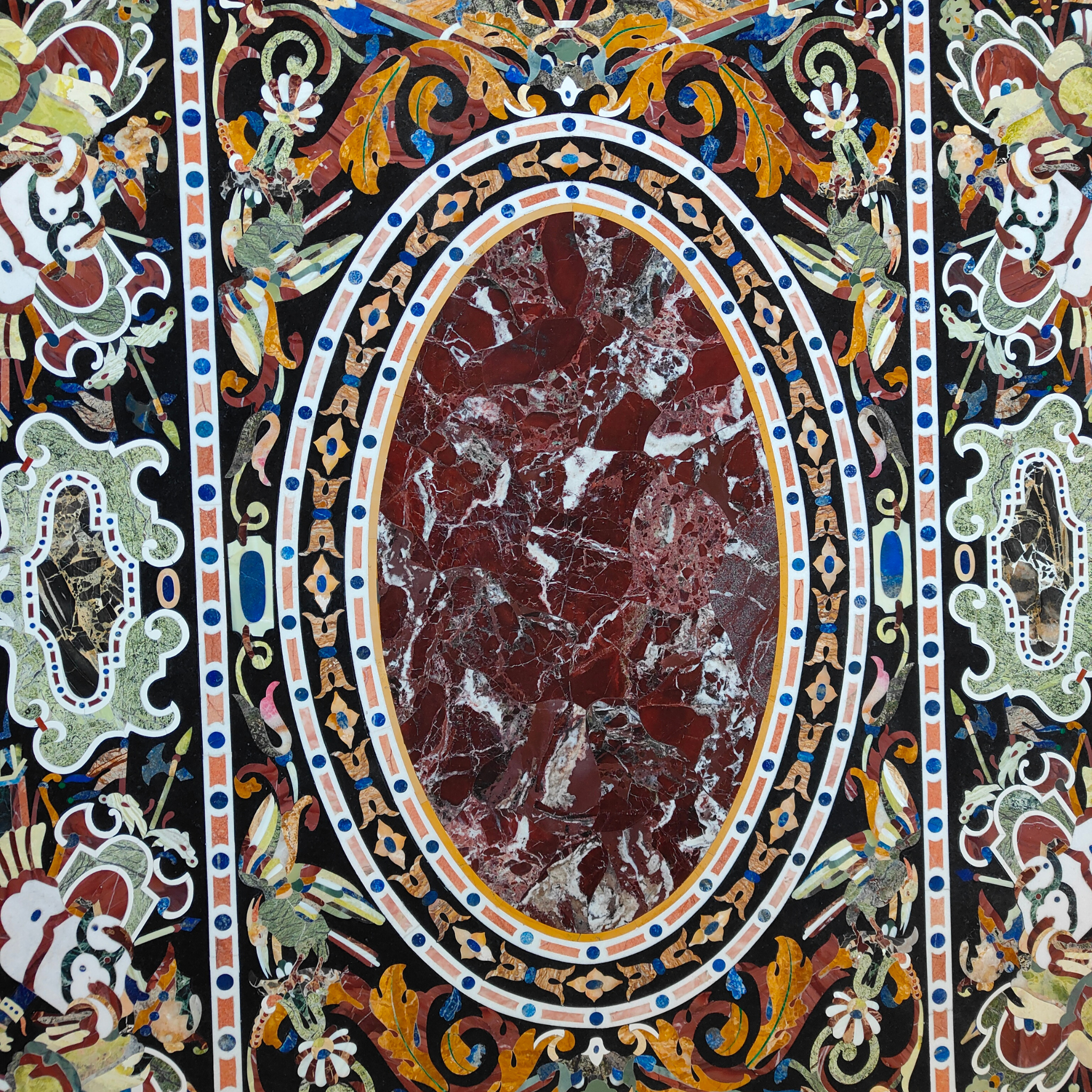 Handcrafted black marble surface Dining table with Pietra Dura stone inlay