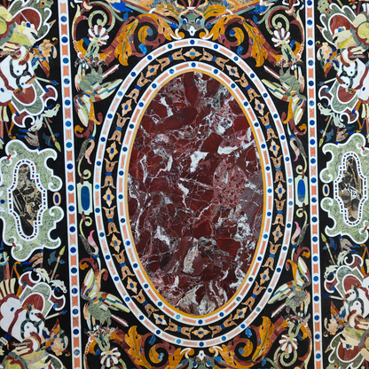 Handcrafted black marble surface Dining table with Pietra Dura stone inlay