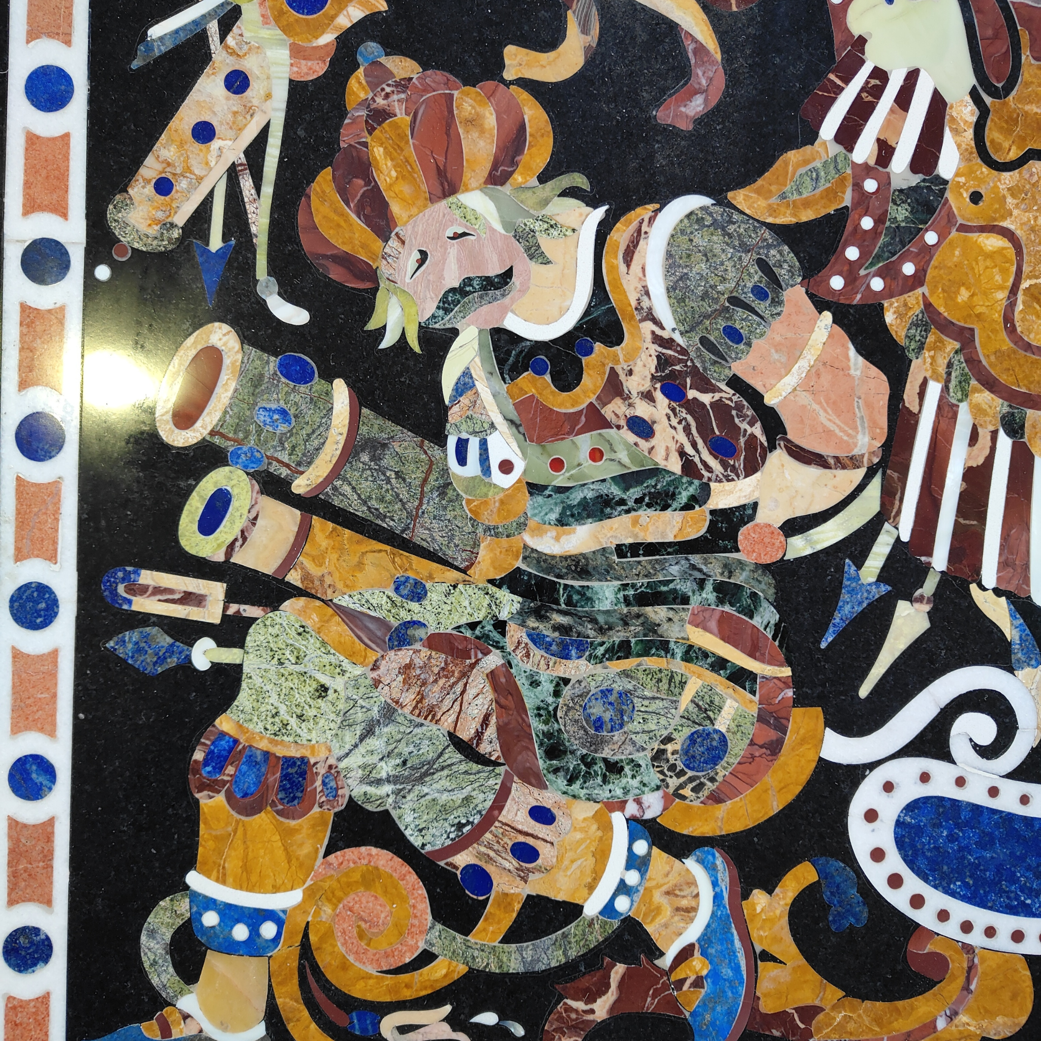 Handcrafted black marble surface Dining table with Pietra Dura stone inlay
