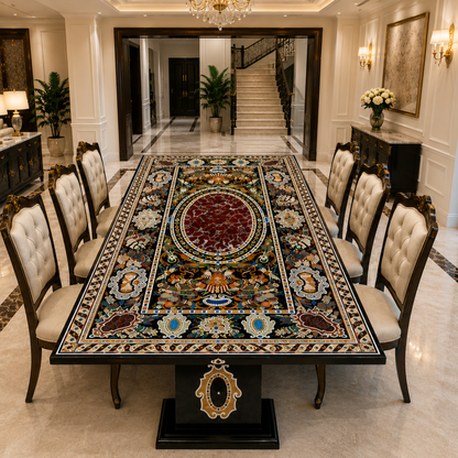 Handcrafted black marble surface Dining table with Pietra Dura stone inlay