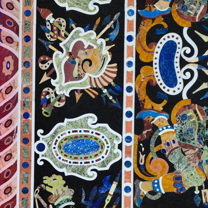 Handcrafted black marble surface Dining table with Pietra Dura stone inlay