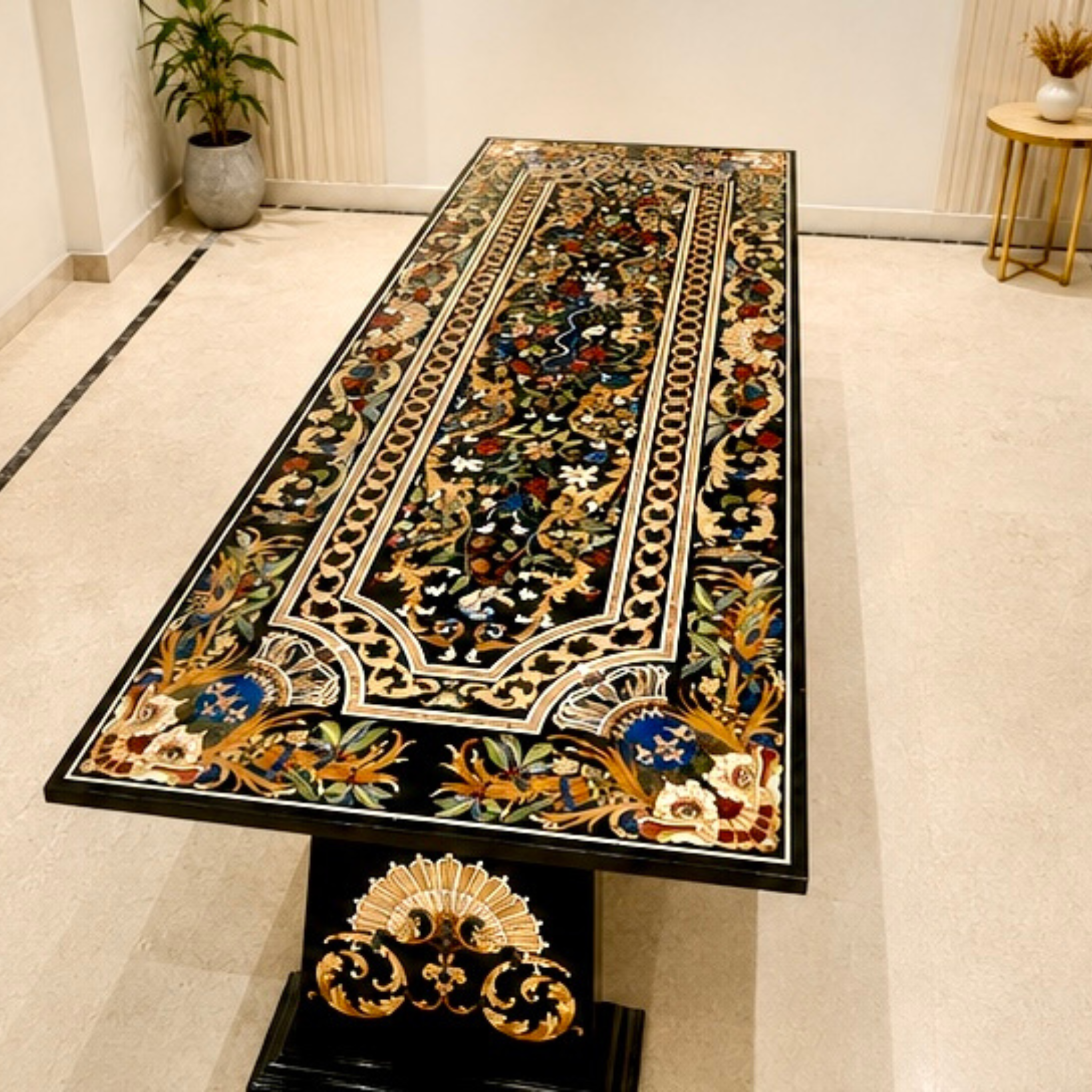 Handcrafted black marble inlay table With pietra dura floral patterns
