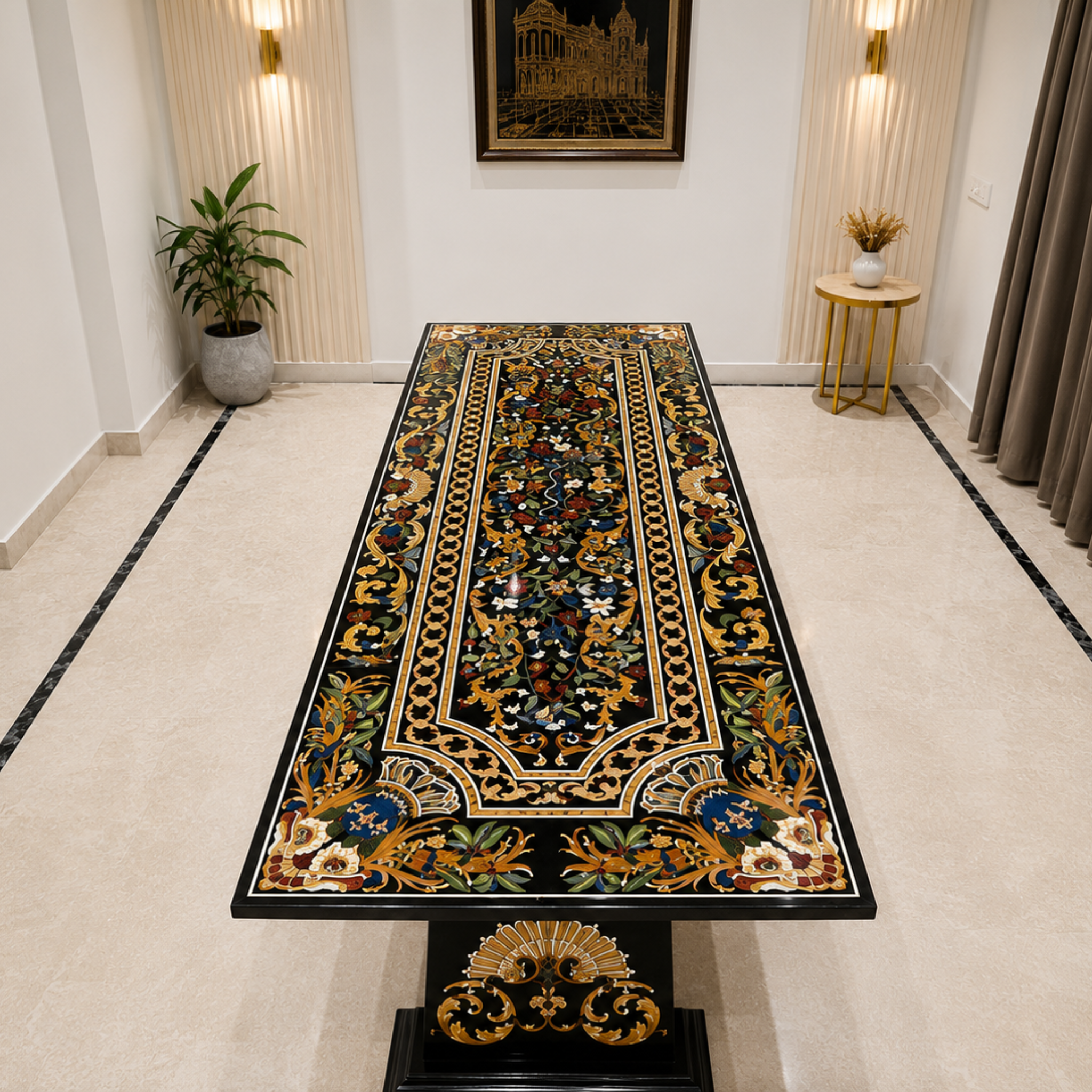 Handcrafted black marble inlay table With pietra dura floral patterns