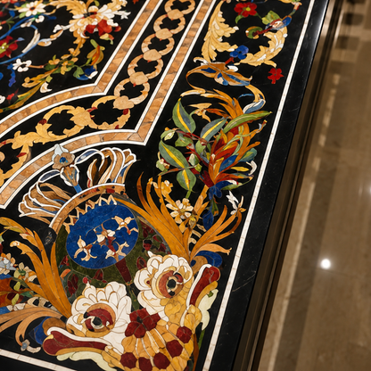 Handcrafted black marble inlay table With pietra dura floral patterns