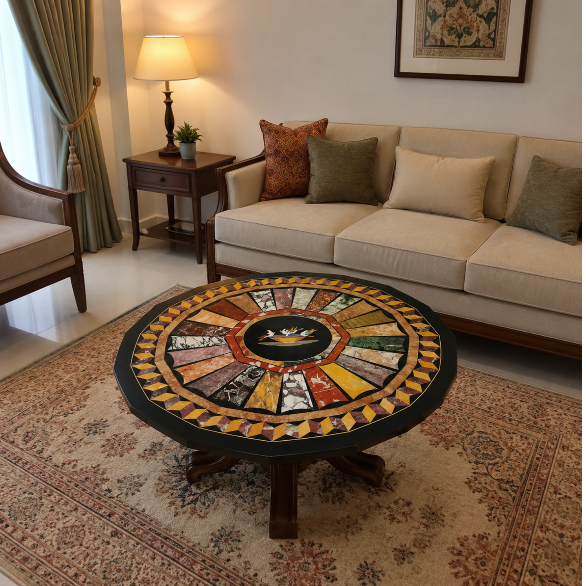 Handcrafted marble inlay Table top with Pietra Dura design