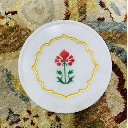 Handcrafted white marble square tray with hand-inlaid red and green motif