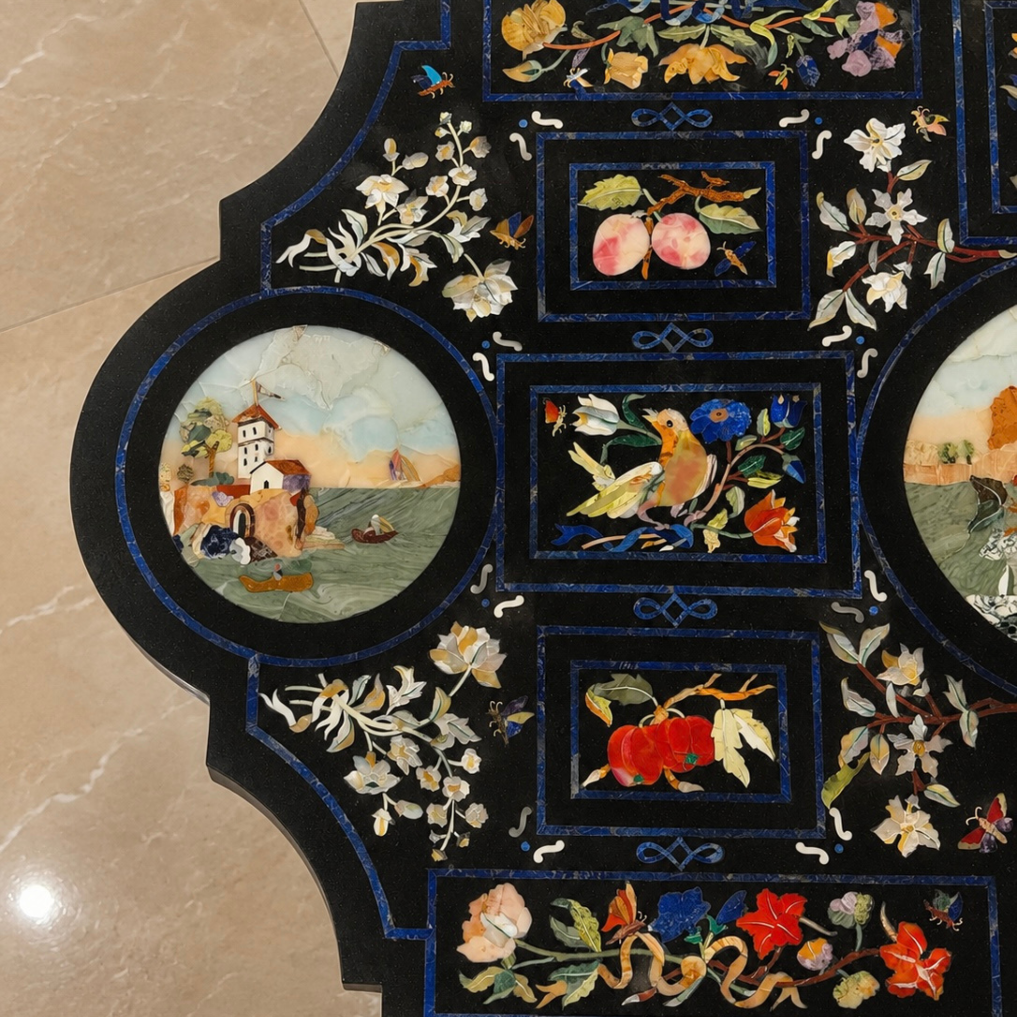 Handcrafted Pietra Dura black marble dining table With intricate floral mosaic inlay work