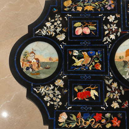 Handcrafted Pietra Dura black marble dining table With intricate floral mosaic inlay work