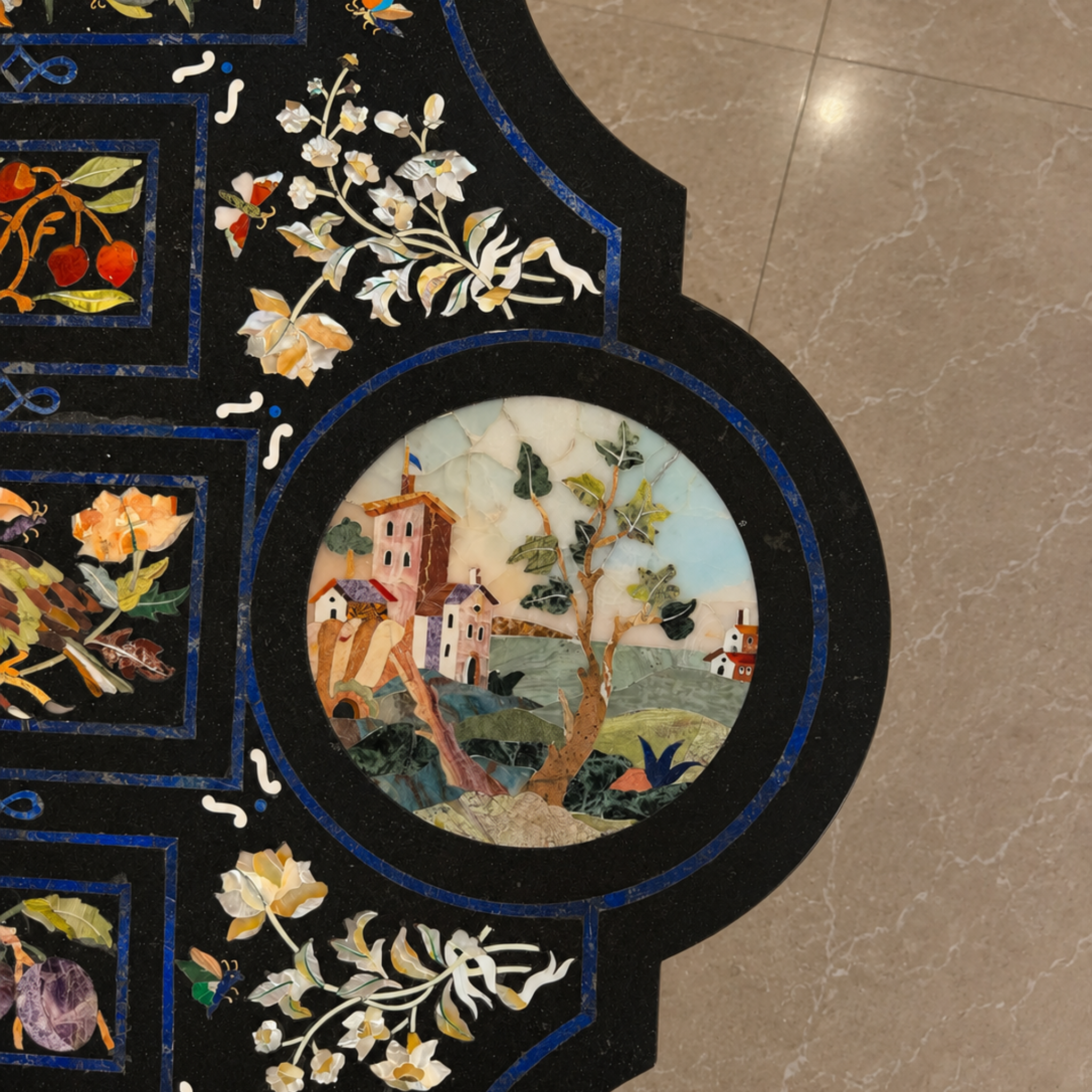 Handcrafted Pietra Dura black marble dining table With intricate floral mosaic inlay work