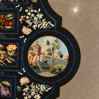 Handcrafted Pietra Dura black marble dining table With intricate floral mosaic inlay work