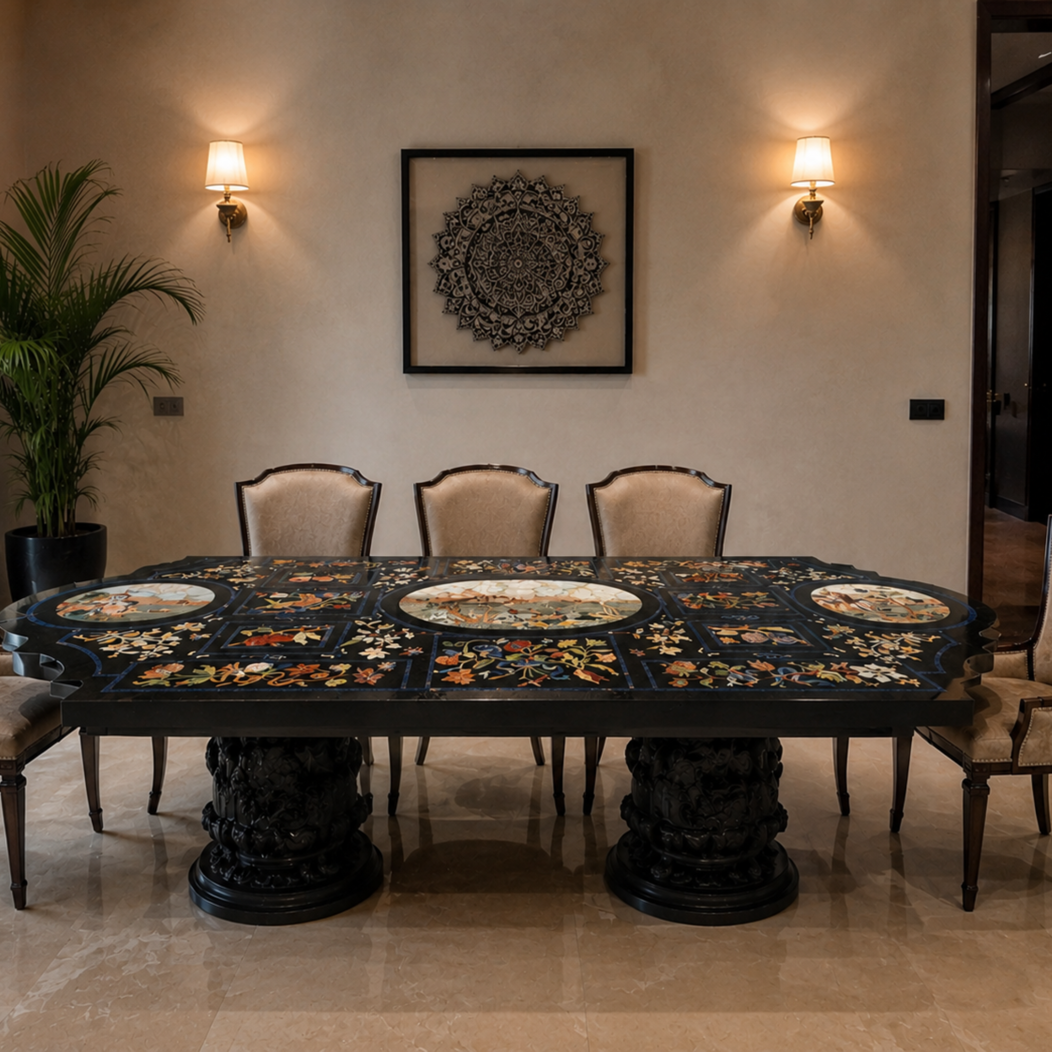 Handcrafted Pietra Dura black marble dining table With intricate floral mosaic inlay work