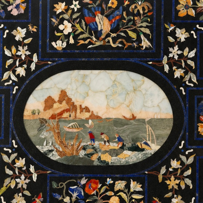 Handcrafted Pietra Dura black marble dining table With intricate floral mosaic inlay work