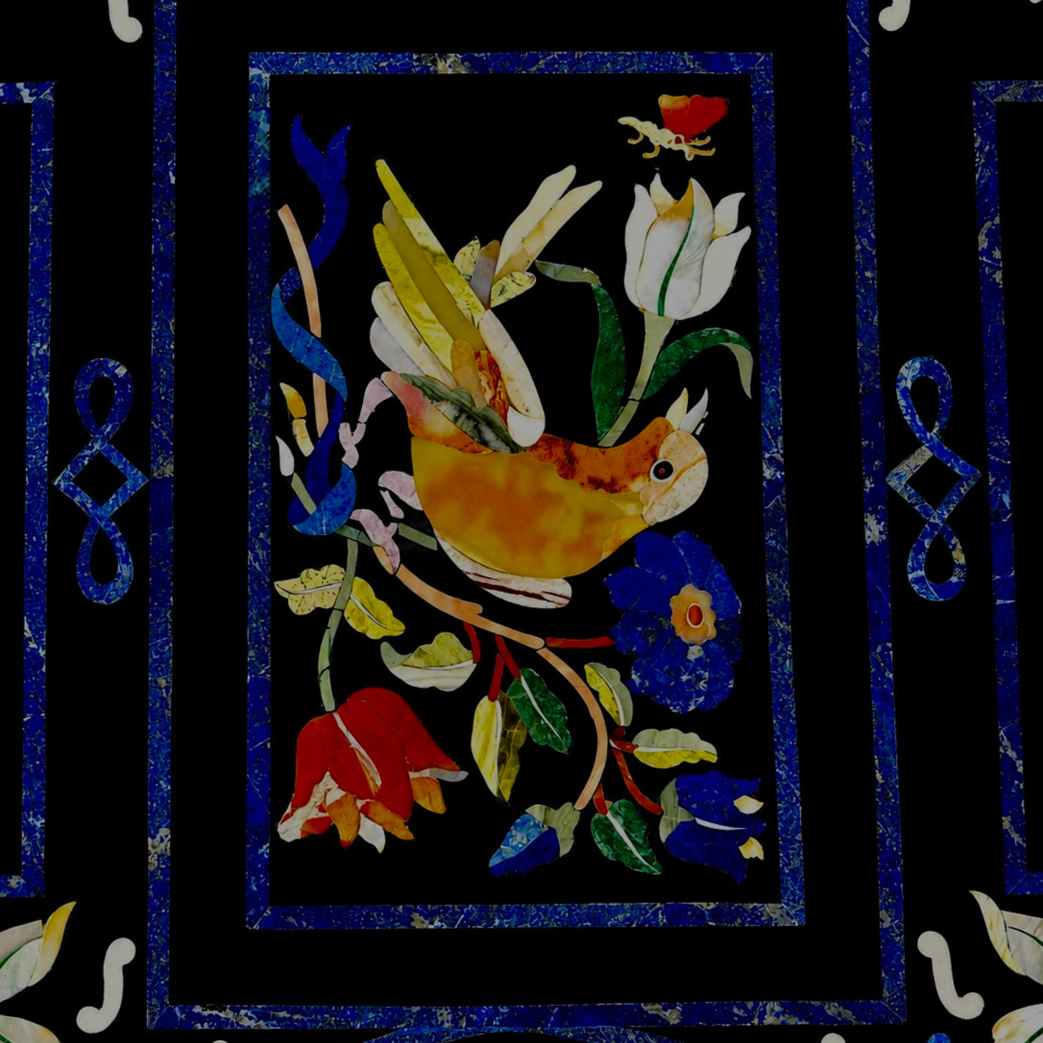 Handcrafted Pietra Dura black marble dining table With intricate floral mosaic inlay work