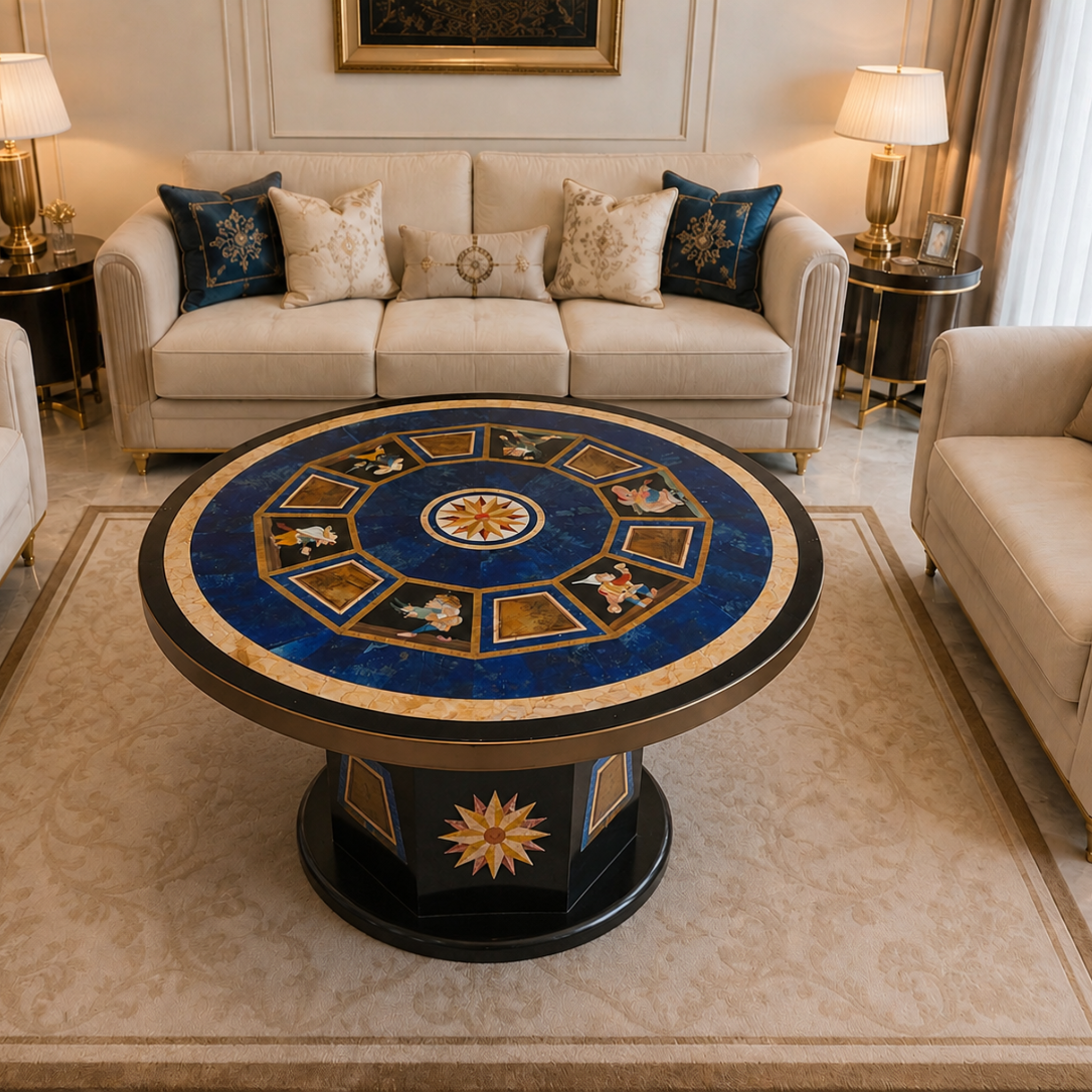 Handcrafted black marble table with lapis lazuli and semi-precious stone inlay