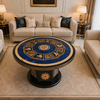Handcrafted black marble table with lapis lazuli and semi-precious stone inlay